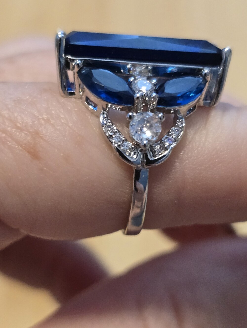 Blue Sapphire Emerald Cut Cocktail Ring Silver Statement Cluster Band - Picture 2 of 4